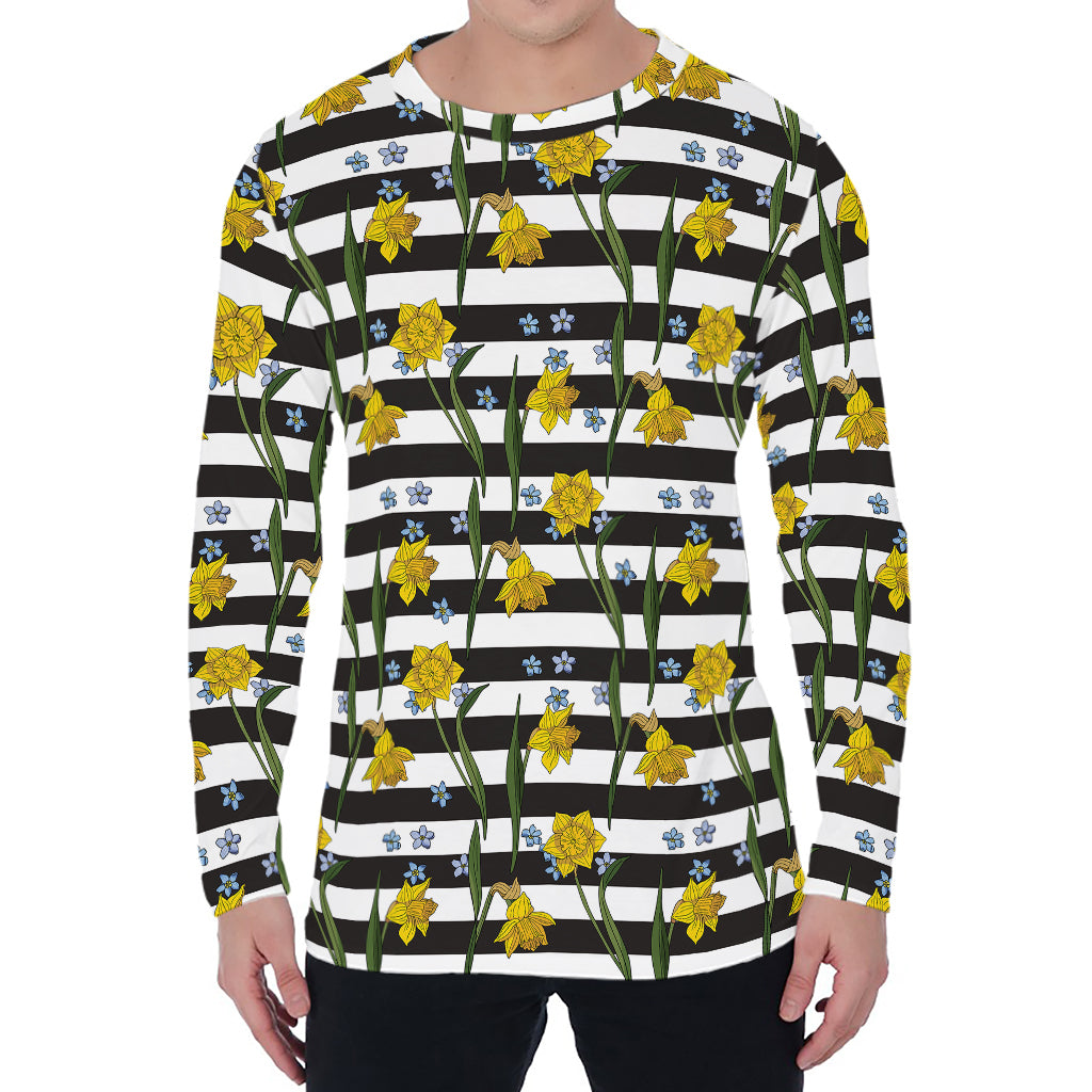Yellow Daffodil Striped Pattern Print Men's Long Sleeve T-Shirt