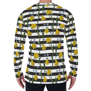 Yellow Daffodil Striped Pattern Print Men's Long Sleeve T-Shirt