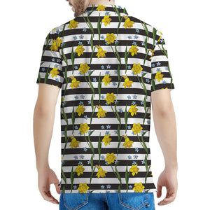 Yellow Daffodil Striped Pattern Print Men's Polo Shirt
