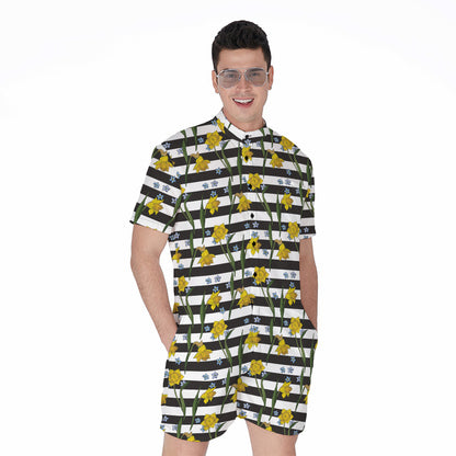 Yellow Daffodil Striped Pattern Print Men's Rompers