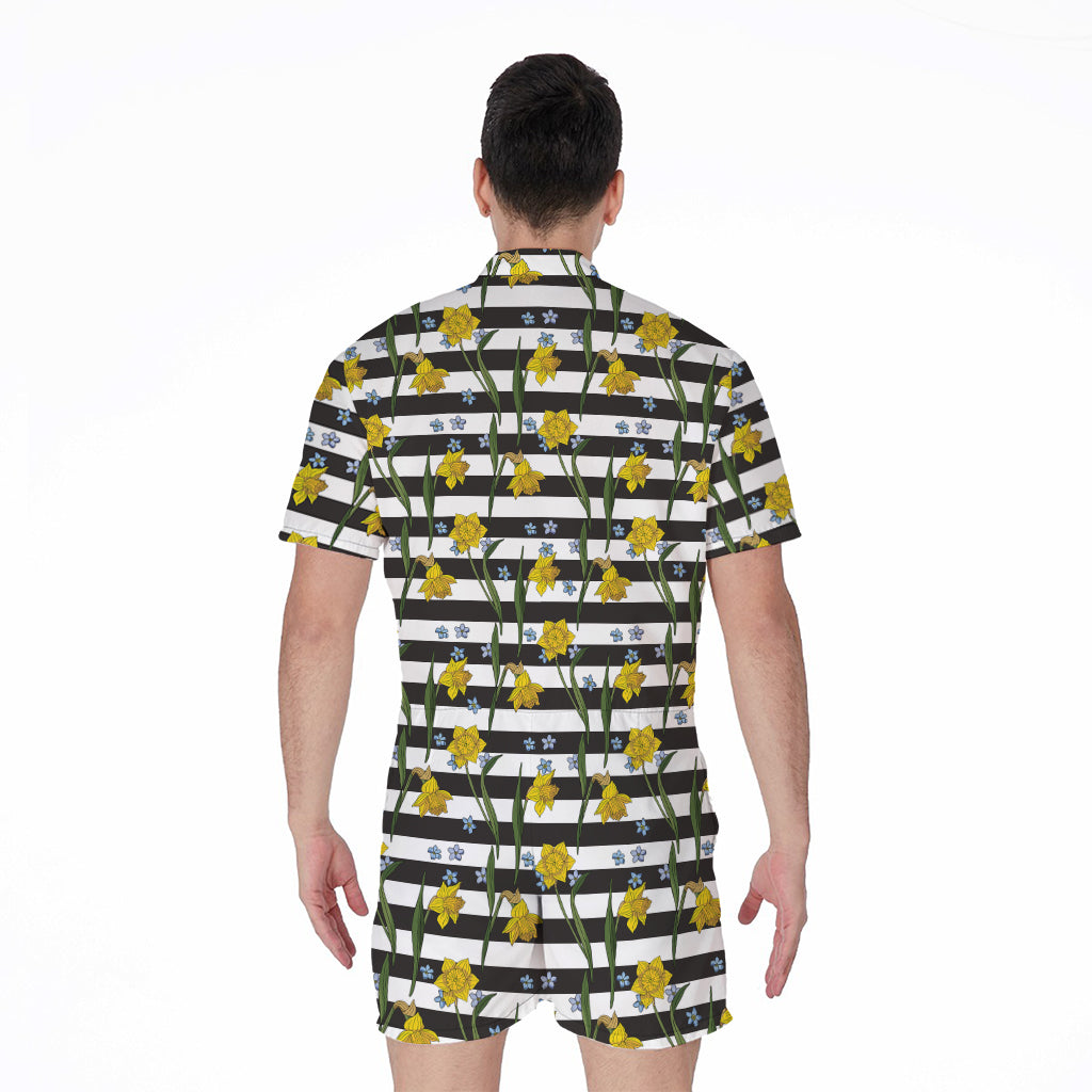 Yellow Daffodil Striped Pattern Print Men's Rompers