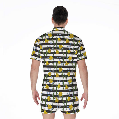 Yellow Daffodil Striped Pattern Print Men's Rompers