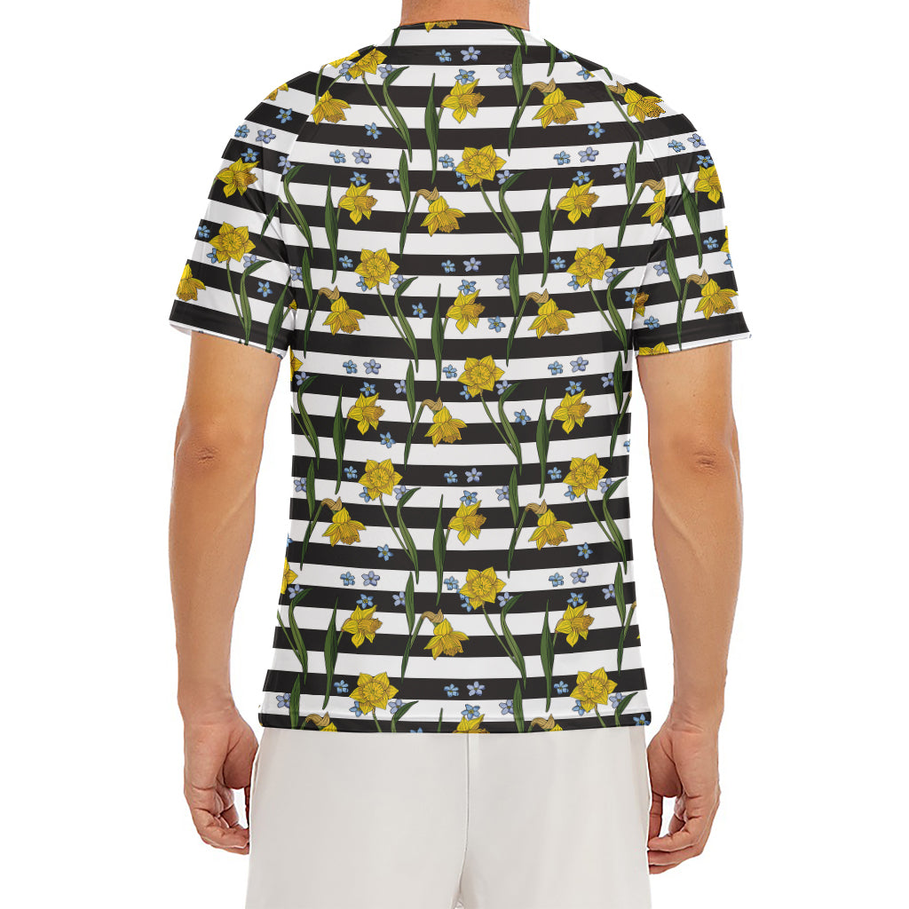 Yellow Daffodil Striped Pattern Print Men's Short Sleeve Rash Guard