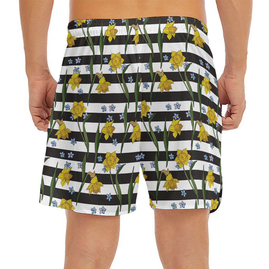 Yellow Daffodil Striped Pattern Print Men's Split Running Shorts