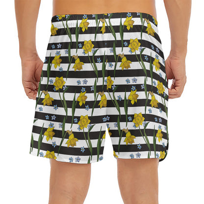 Yellow Daffodil Striped Pattern Print Men's Split Running Shorts