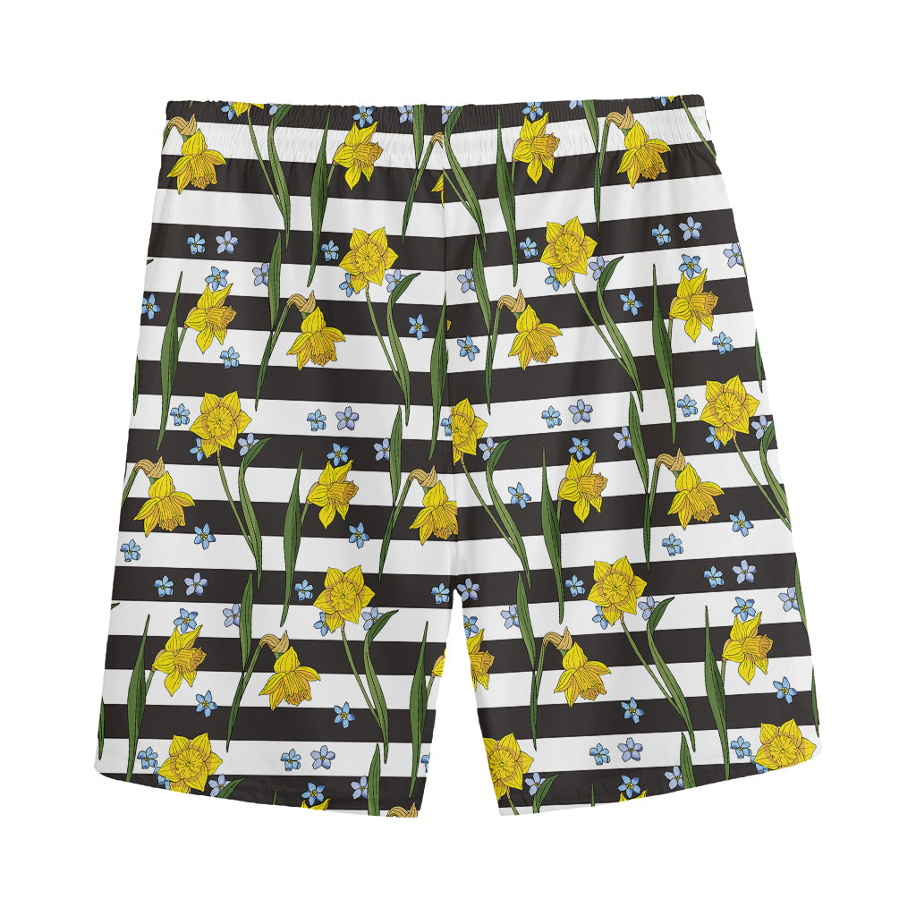Yellow Daffodil Striped Pattern Print Men's Sports Shorts