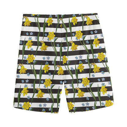 Yellow Daffodil Striped Pattern Print Men's Sports Shorts