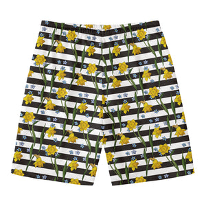 Yellow Daffodil Striped Pattern Print Men's Swim Trunks