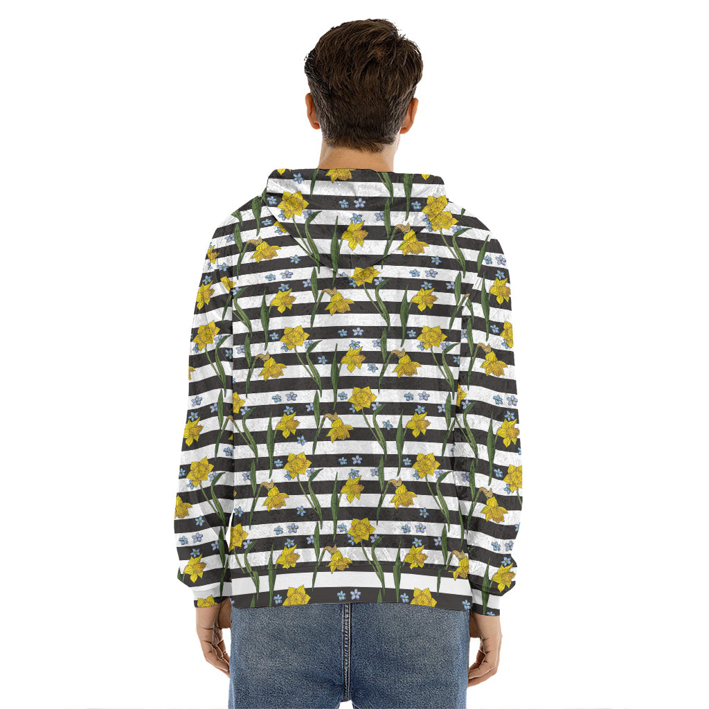 Yellow Daffodil Striped Pattern Print Men's Velvet Pullover Hoodie