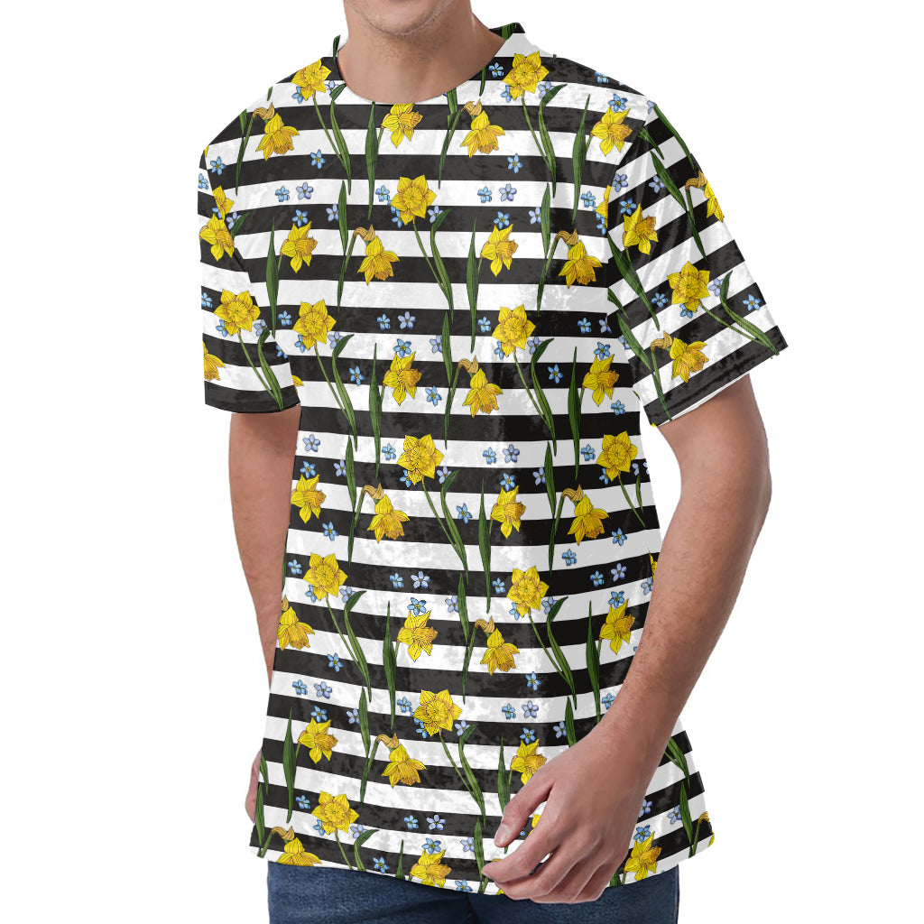 Yellow Daffodil Striped Pattern Print Men's Velvet T-Shirt