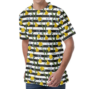 Yellow Daffodil Striped Pattern Print Men's Velvet T-Shirt