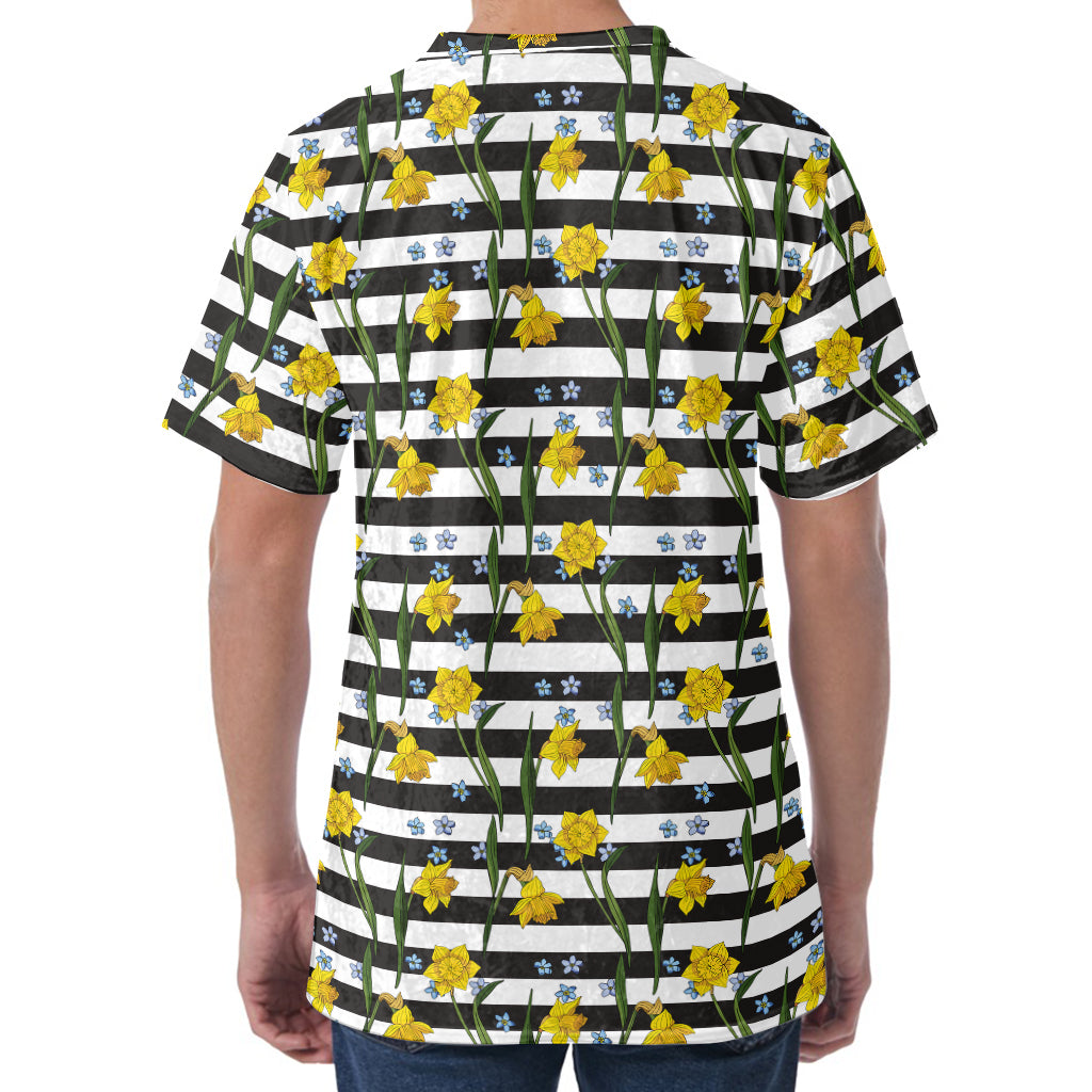 Yellow Daffodil Striped Pattern Print Men's Velvet T-Shirt