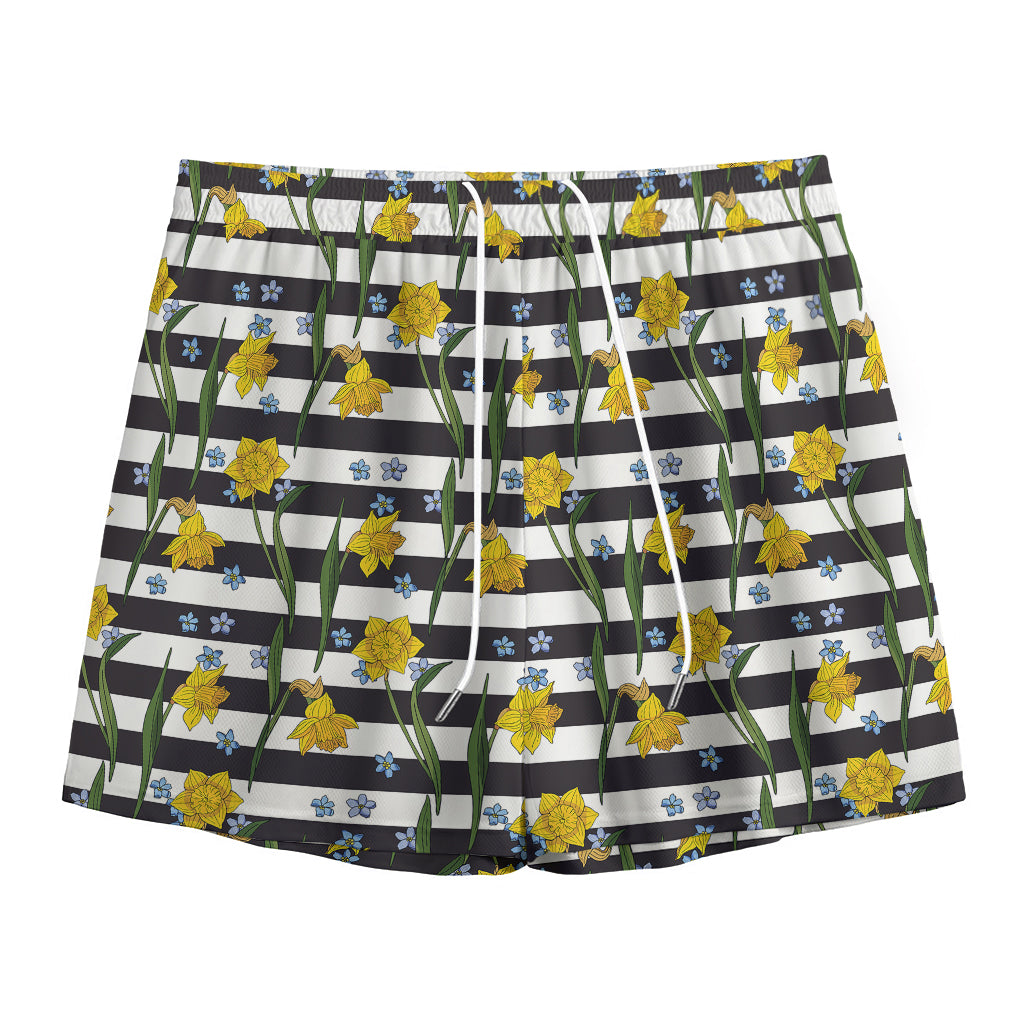 Yellow Daffodil Striped Pattern Print Mesh Shorts