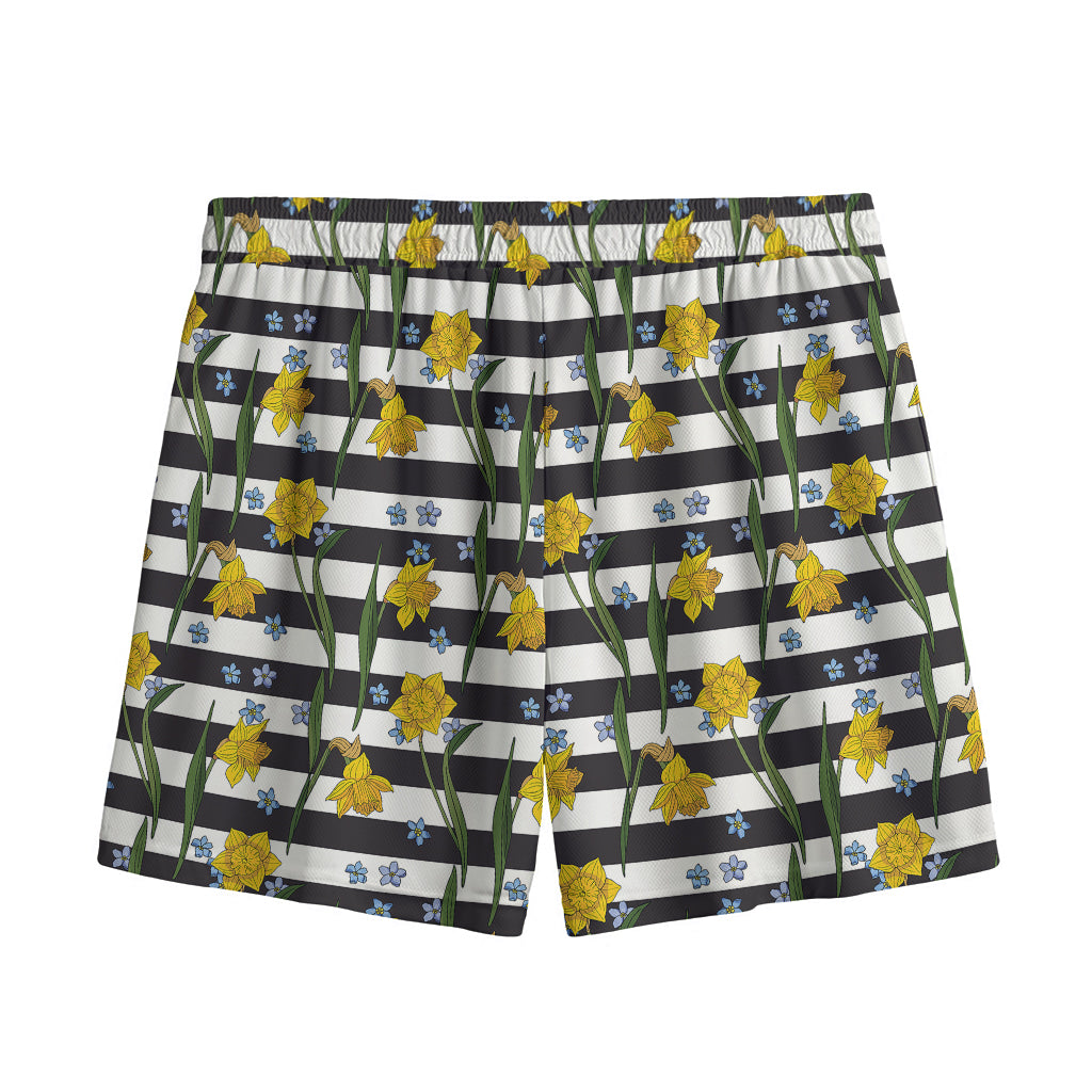 Yellow Daffodil Striped Pattern Print Mesh Shorts