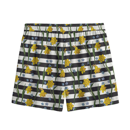 Yellow Daffodil Striped Pattern Print Mesh Shorts
