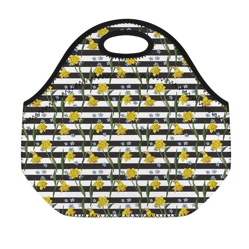 Yellow Daffodil Striped Pattern Print Neoprene Lunch Bag