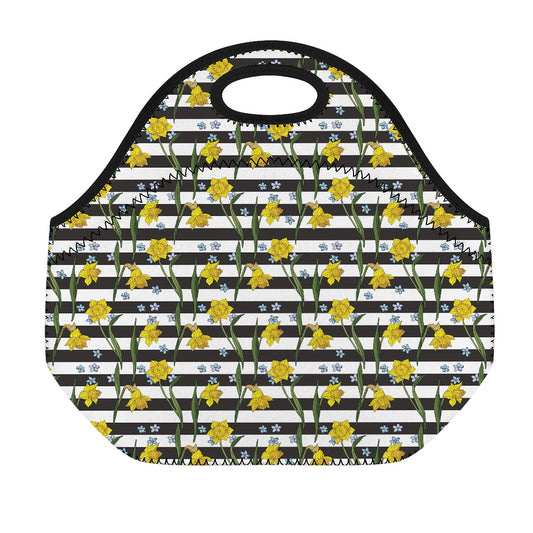 Yellow Daffodil Striped Pattern Print Neoprene Lunch Bag