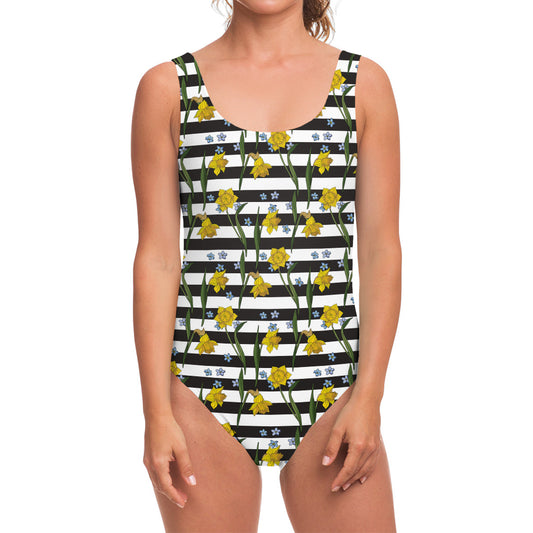 Yellow Daffodil Striped Pattern Print One Piece Swimsuit