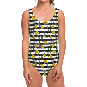 Yellow Daffodil Striped Pattern Print One Piece Swimsuit