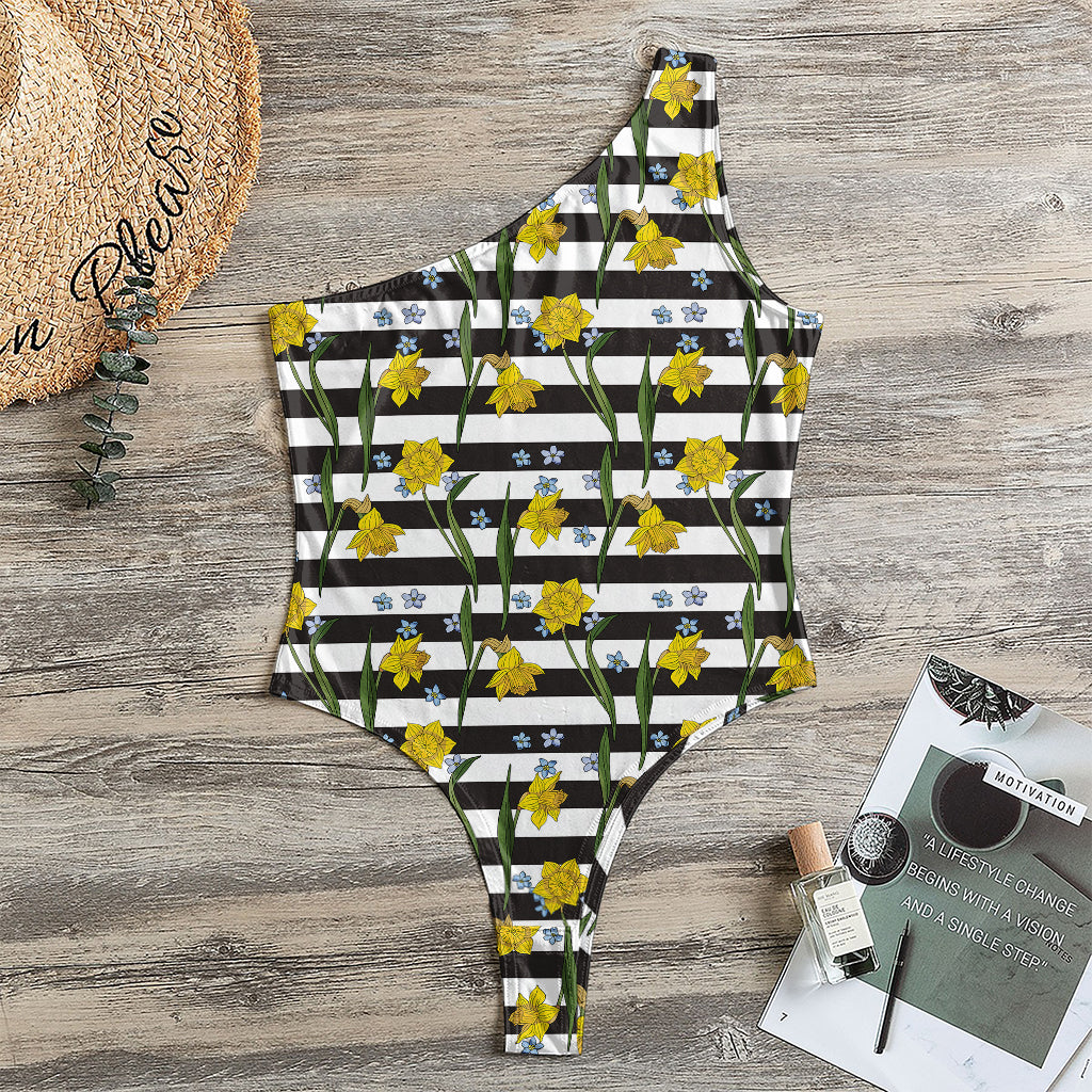 Yellow Daffodil Striped Pattern Print One Shoulder Bodysuit
