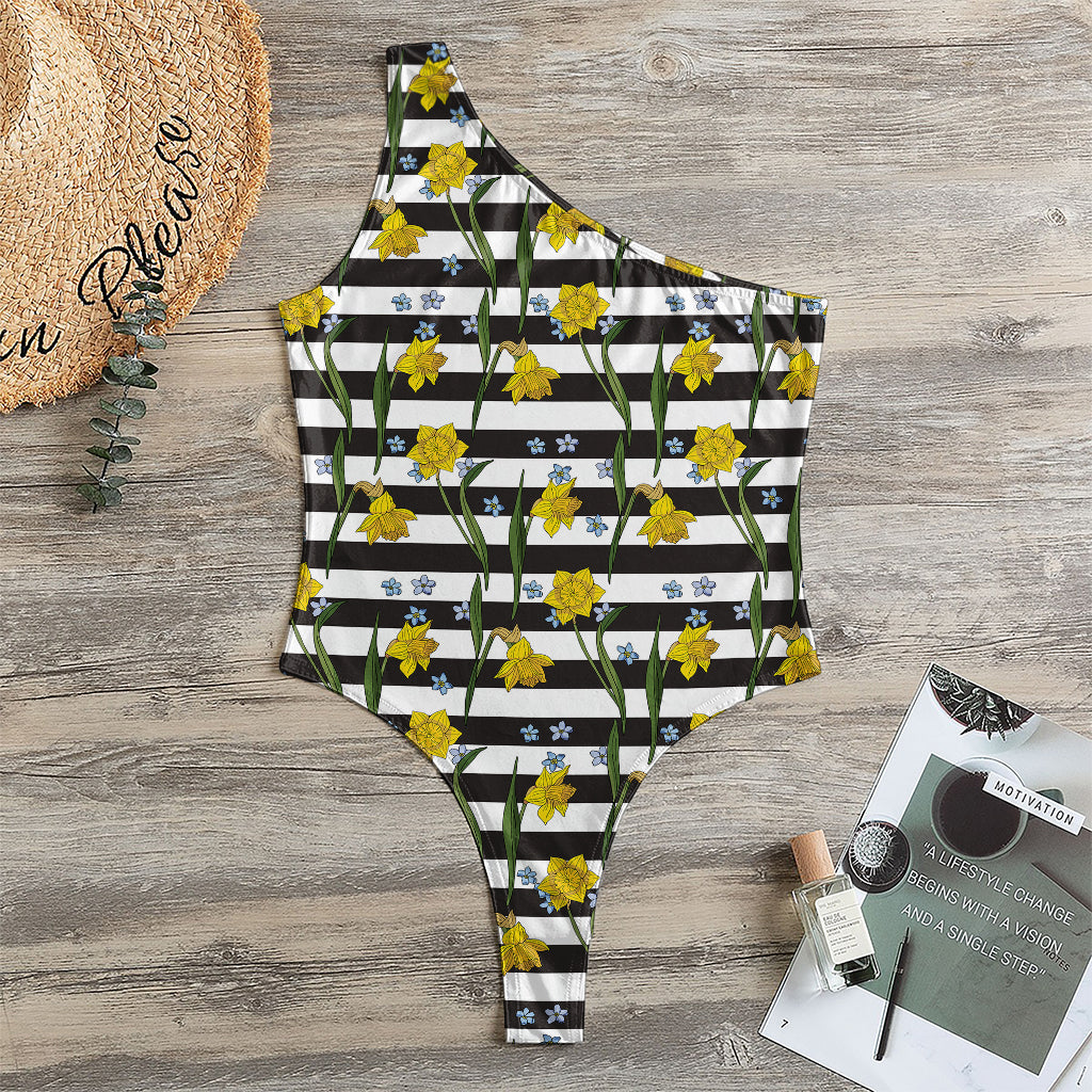 Yellow Daffodil Striped Pattern Print One Shoulder Bodysuit