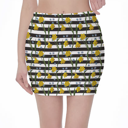 Yellow Daffodil Striped Pattern Print Pencil Mini Skirt