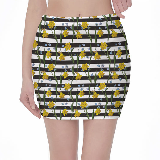 Yellow Daffodil Striped Pattern Print Pencil Mini Skirt