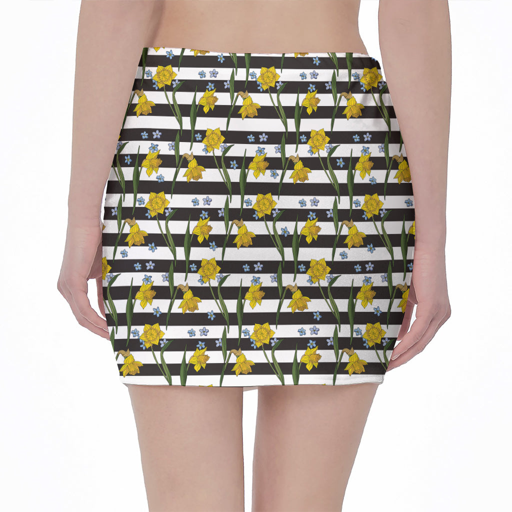 Yellow Daffodil Striped Pattern Print Pencil Mini Skirt