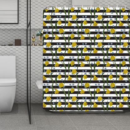 Yellow Daffodil Striped Pattern Print Polyester Shower Curtain