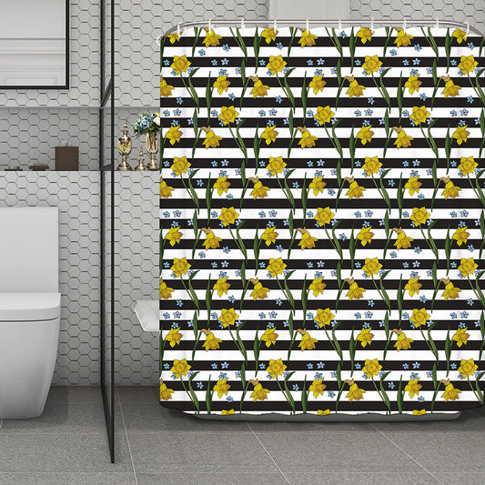 Yellow Daffodil Striped Pattern Print Polyester Shower Curtain