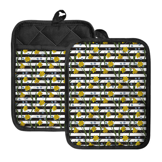 Yellow Daffodil Striped Pattern Print Pot Holders With Pocket
