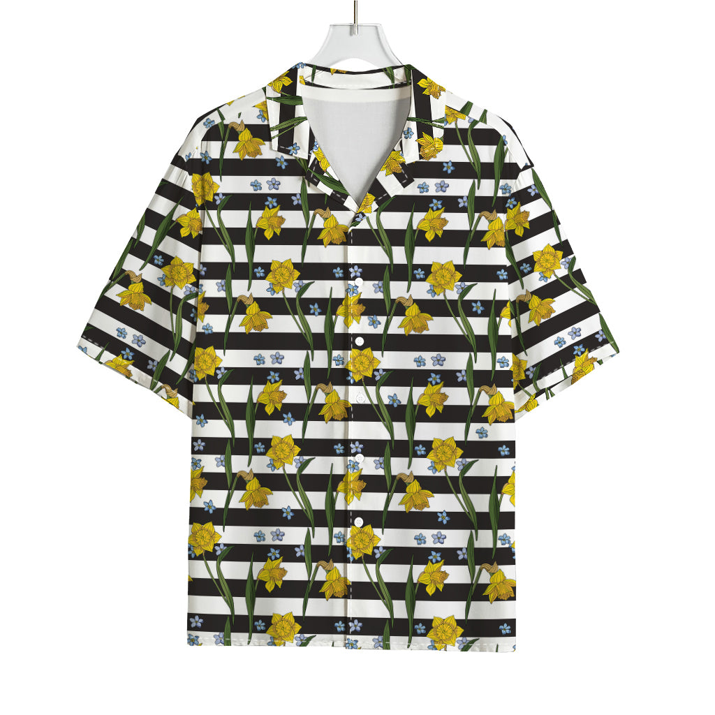 Yellow Daffodil Striped Pattern Print Rayon Hawaiian Shirt