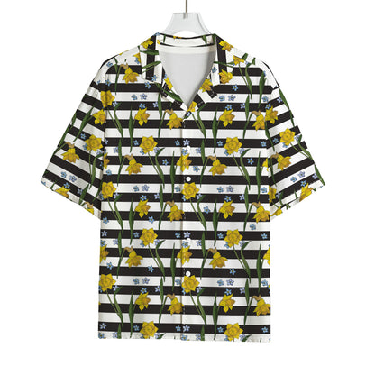 Yellow Daffodil Striped Pattern Print Rayon Hawaiian Shirt