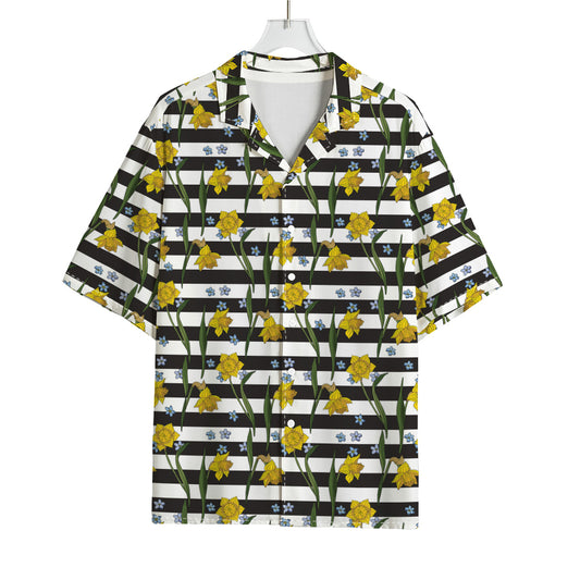 Yellow Daffodil Striped Pattern Print Rayon Hawaiian Shirt