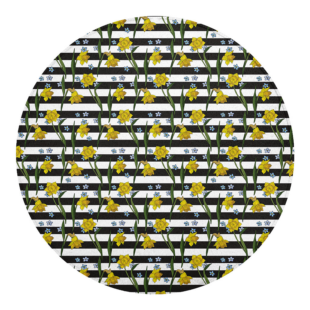 Yellow Daffodil Striped Pattern Print Round Blanket