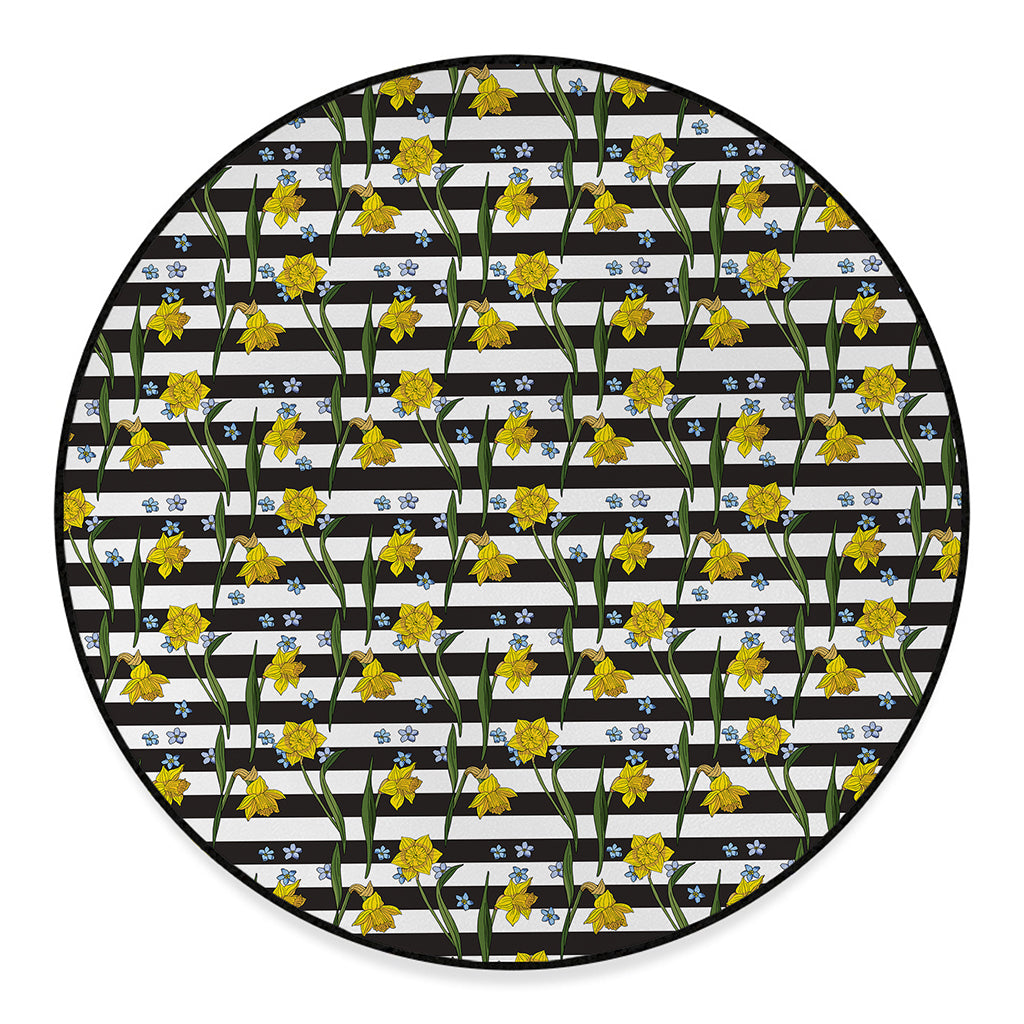 Yellow Daffodil Striped Pattern Print Round Floor Mat