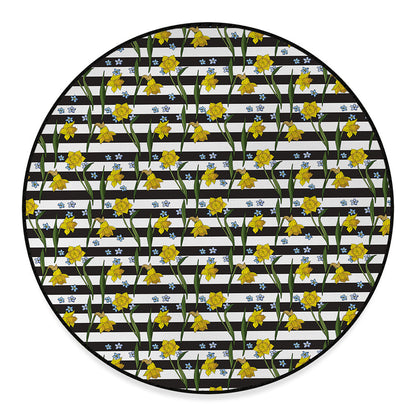 Yellow Daffodil Striped Pattern Print Round Floor Mat