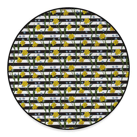 Yellow Daffodil Striped Pattern Print Round Floor Mat