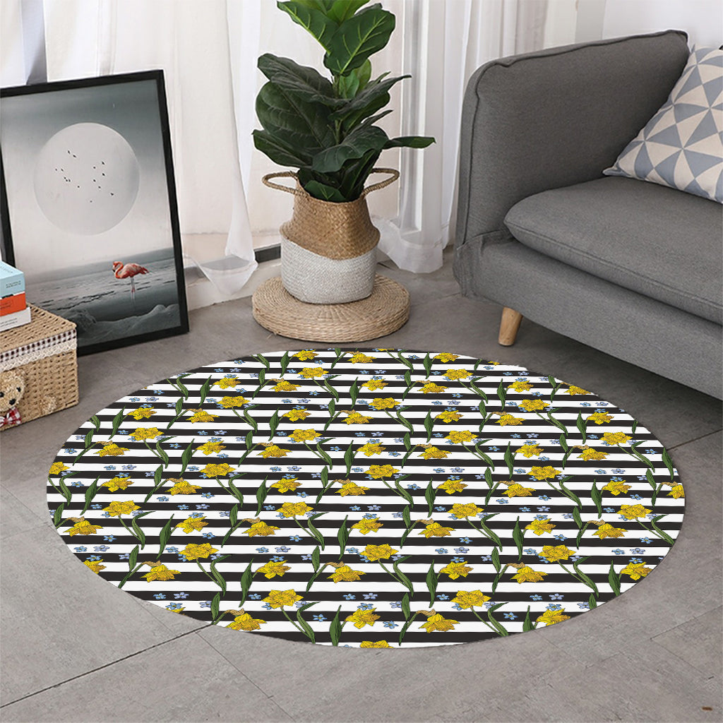 Yellow Daffodil Striped Pattern Print Round Rug