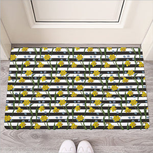 Yellow Daffodil Striped Pattern Print Rubber Doormat