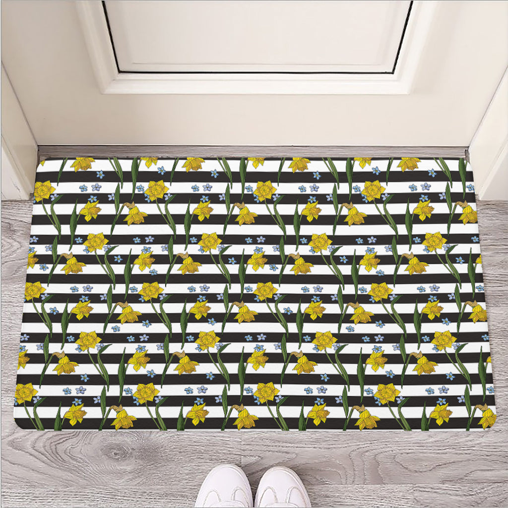 Yellow Daffodil Striped Pattern Print Rubber Doormat