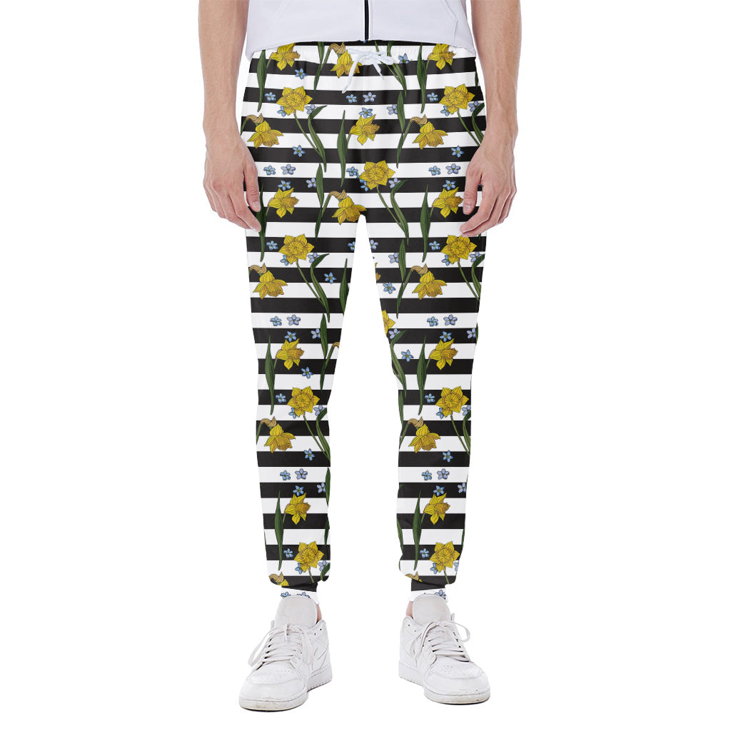 Yellow Daffodil Striped Pattern Print Scuba Joggers