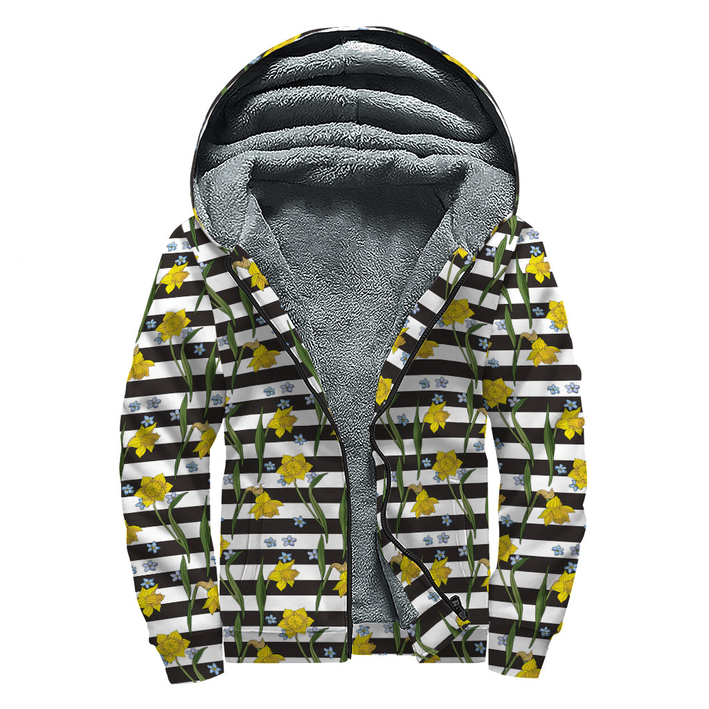 Yellow Daffodil Striped Pattern Print Sherpa Lined Zip Up Hoodie