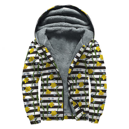 Yellow Daffodil Striped Pattern Print Sherpa Lined Zip Up Hoodie