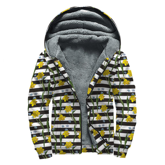 Yellow Daffodil Striped Pattern Print Sherpa Lined Zip Up Hoodie