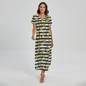 Yellow Daffodil Striped Pattern Print Short Sleeve Maxi Dress