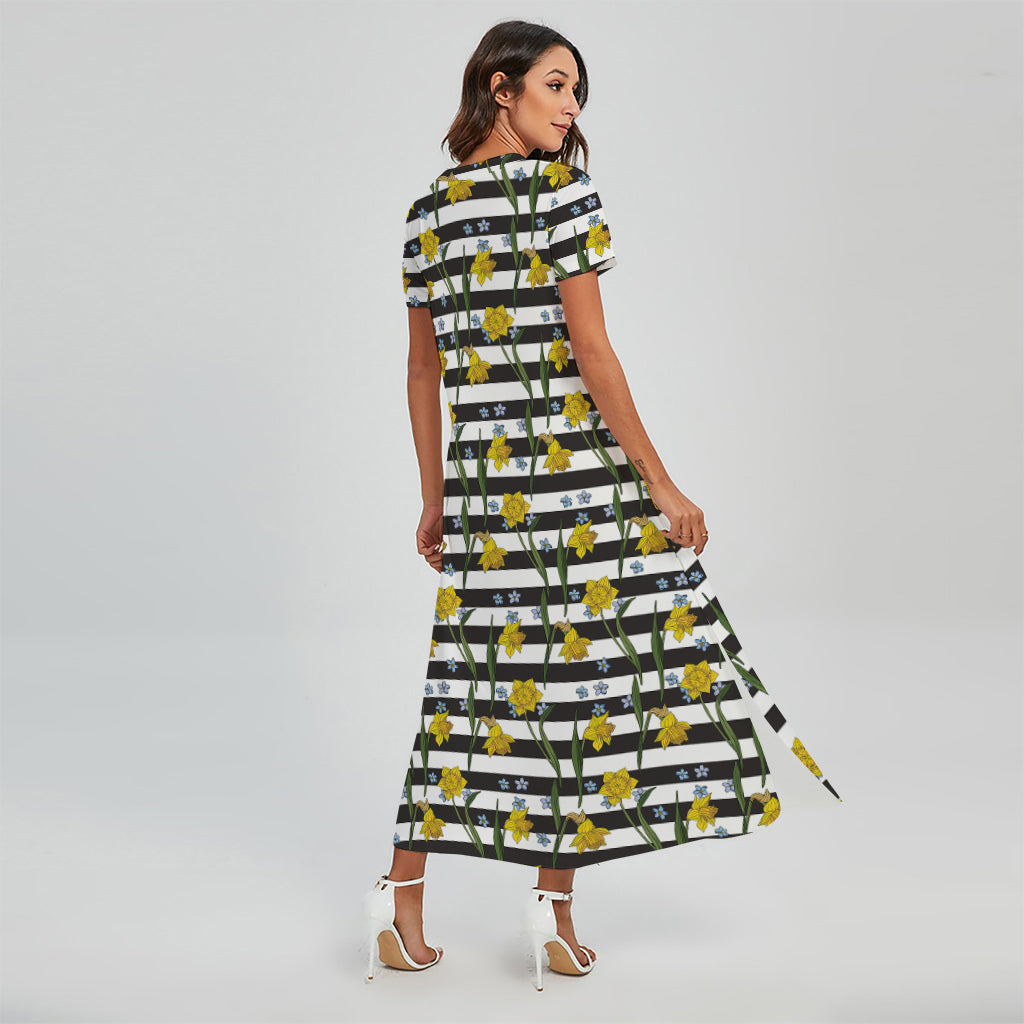 Yellow Daffodil Striped Pattern Print Short Sleeve Maxi Dress