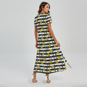 Yellow Daffodil Striped Pattern Print Short Sleeve Maxi Dress