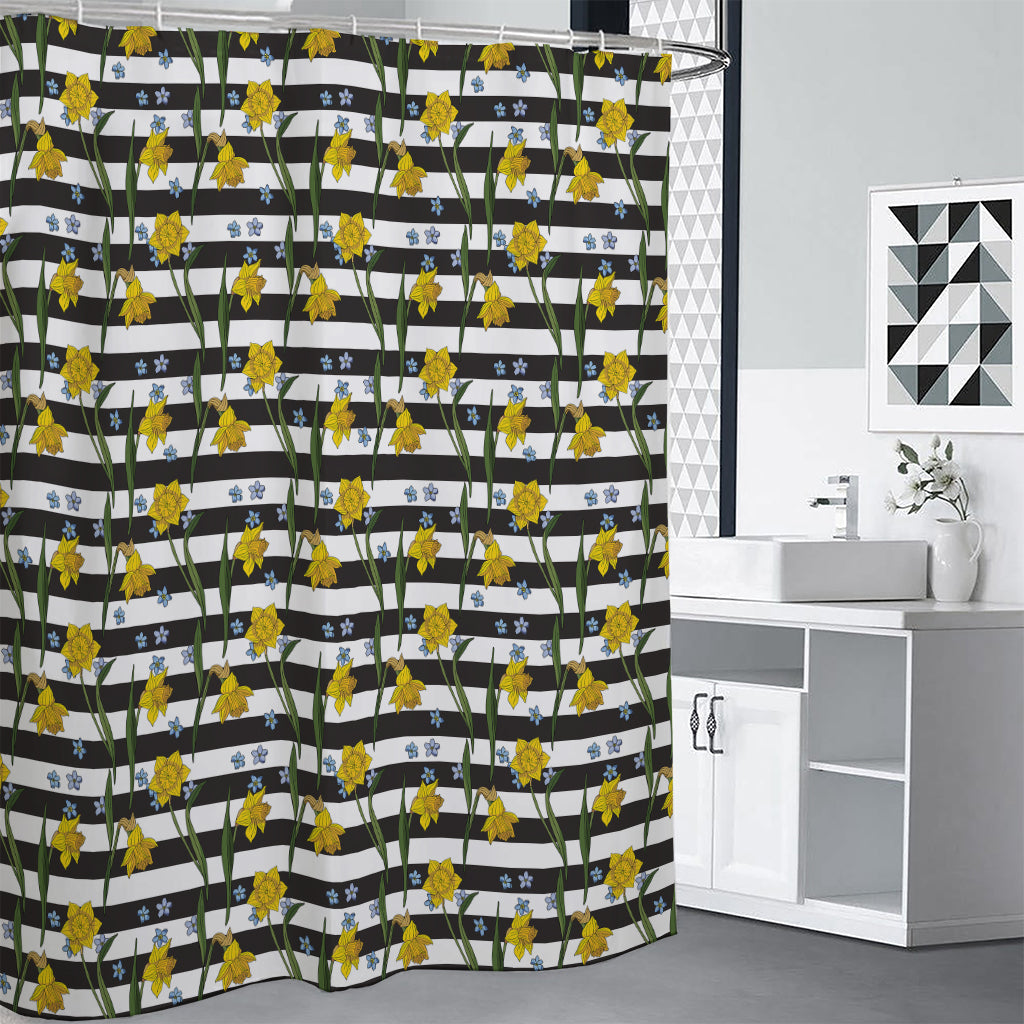 Yellow Daffodil Striped Pattern Print Shower Curtain