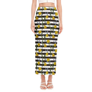 Yellow Daffodil Striped Pattern Print Side Slit Maxi Skirt